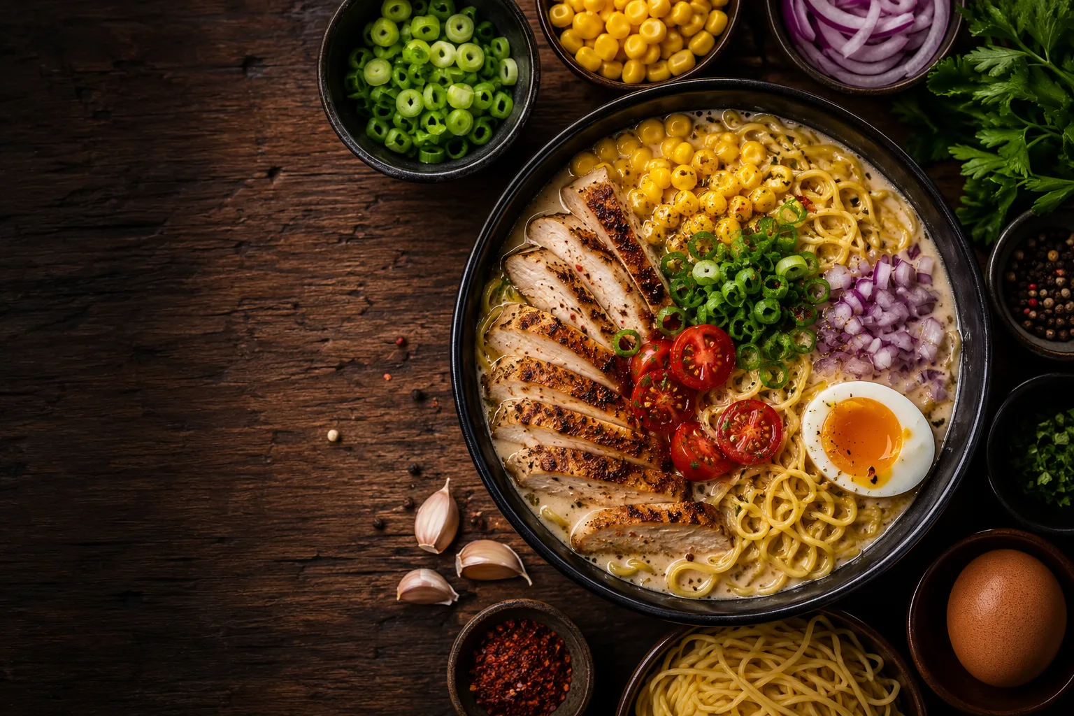 Ramen bowl surrounded by its ingredients
